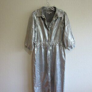 ALLSAINTS Osa Silver Metallic Denim Cotton Shirt Dress 10 Puffy Sleeves Midi